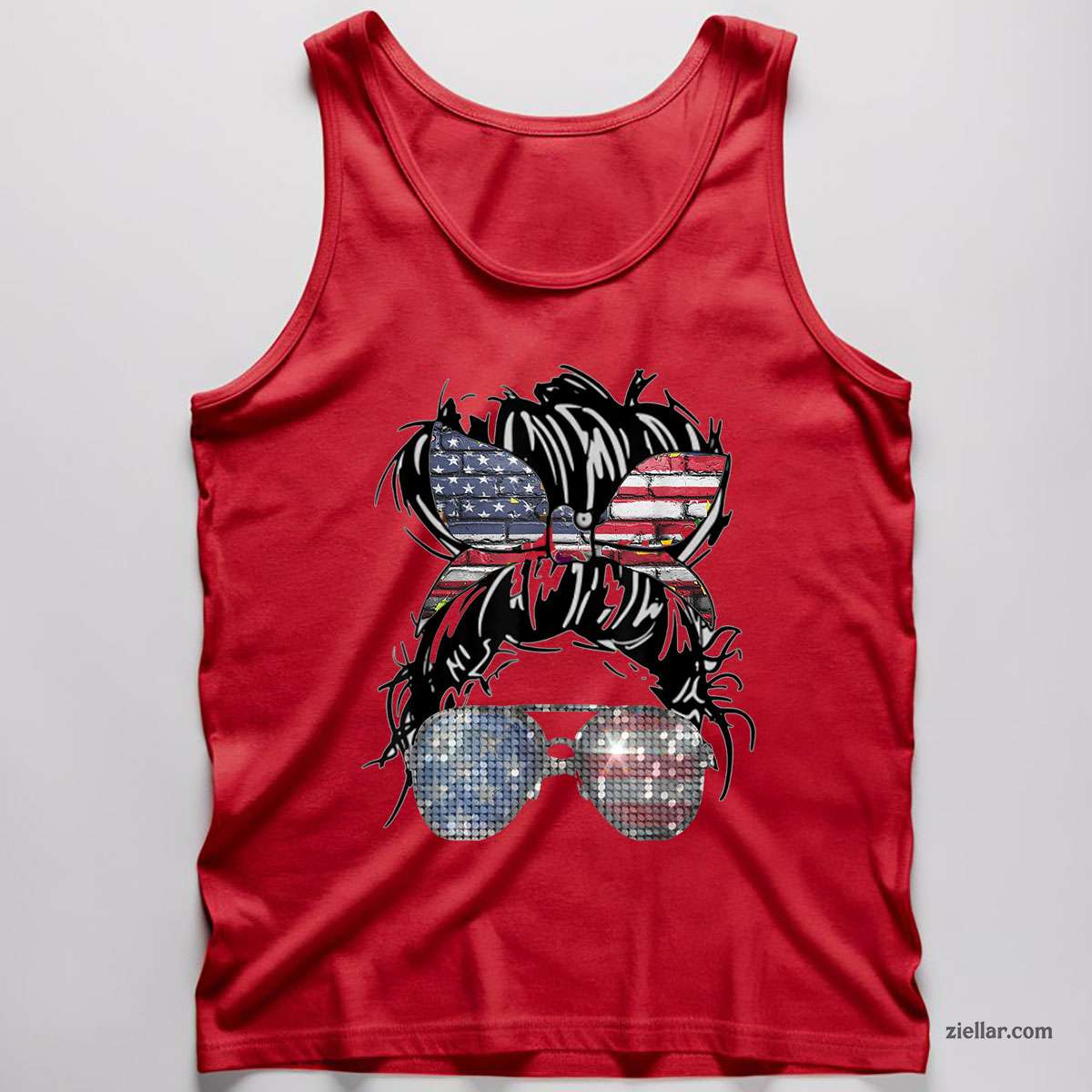 Messy Bun American Flag Glasses 4th of July Patriotic Tank Top Shirt Tee for Men Women Unisex