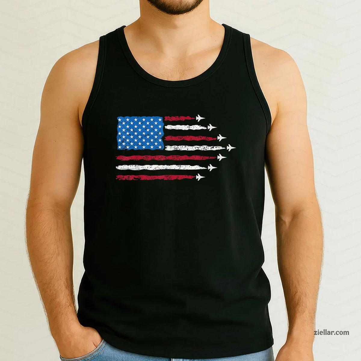 Patriotic Red White Blue USA Flag Fighter Jets 4th of July Tank Top Shirt Tee for Men Women Unisex Limited Edition
