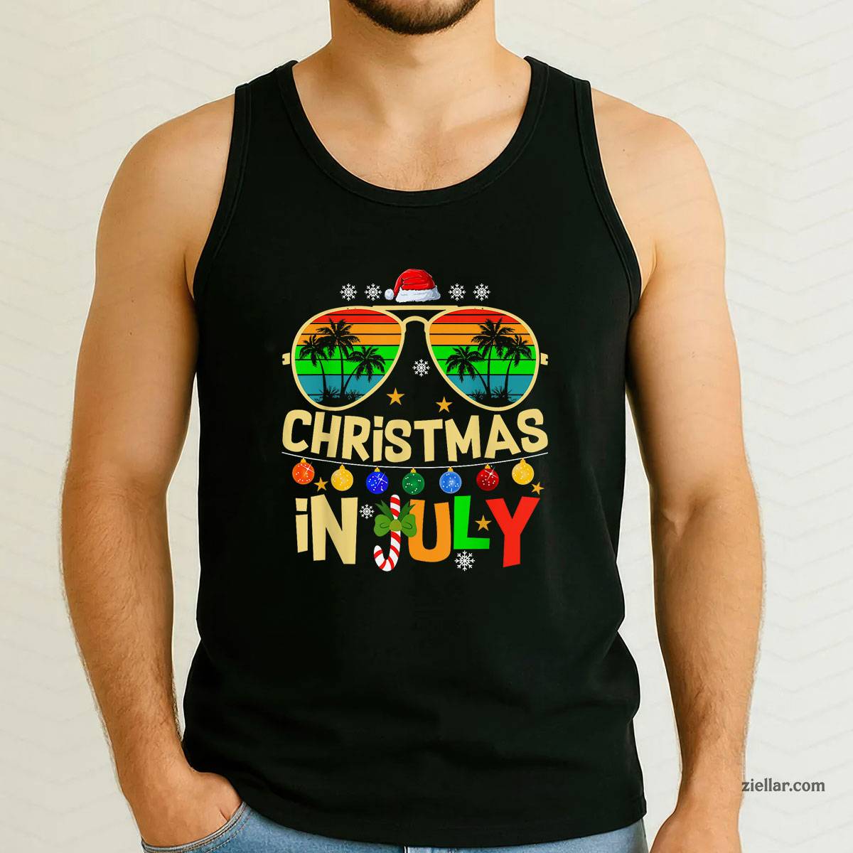 Santa Claus Sunglasses Beach Christmas in July Men Women Tank Top Shirt Funny Christmas in July Tee and Tank Top Shirt for Men Women Adults