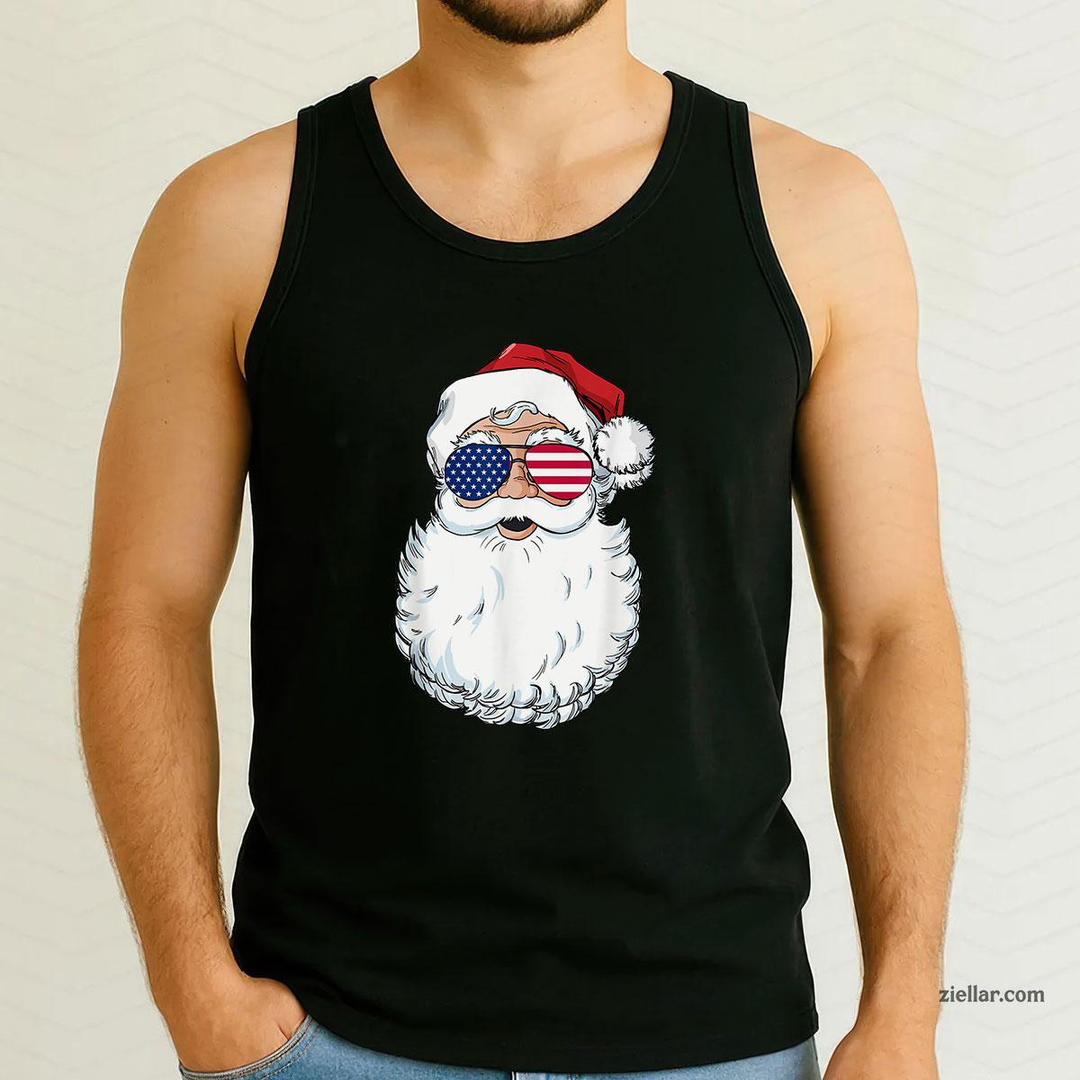 Santa Claus Patriotic USA Sunglasses Christmas in July Santa Tank Top Shirt Funny Christmas in July Tee and Tank Top Shirt for Men Women Adults