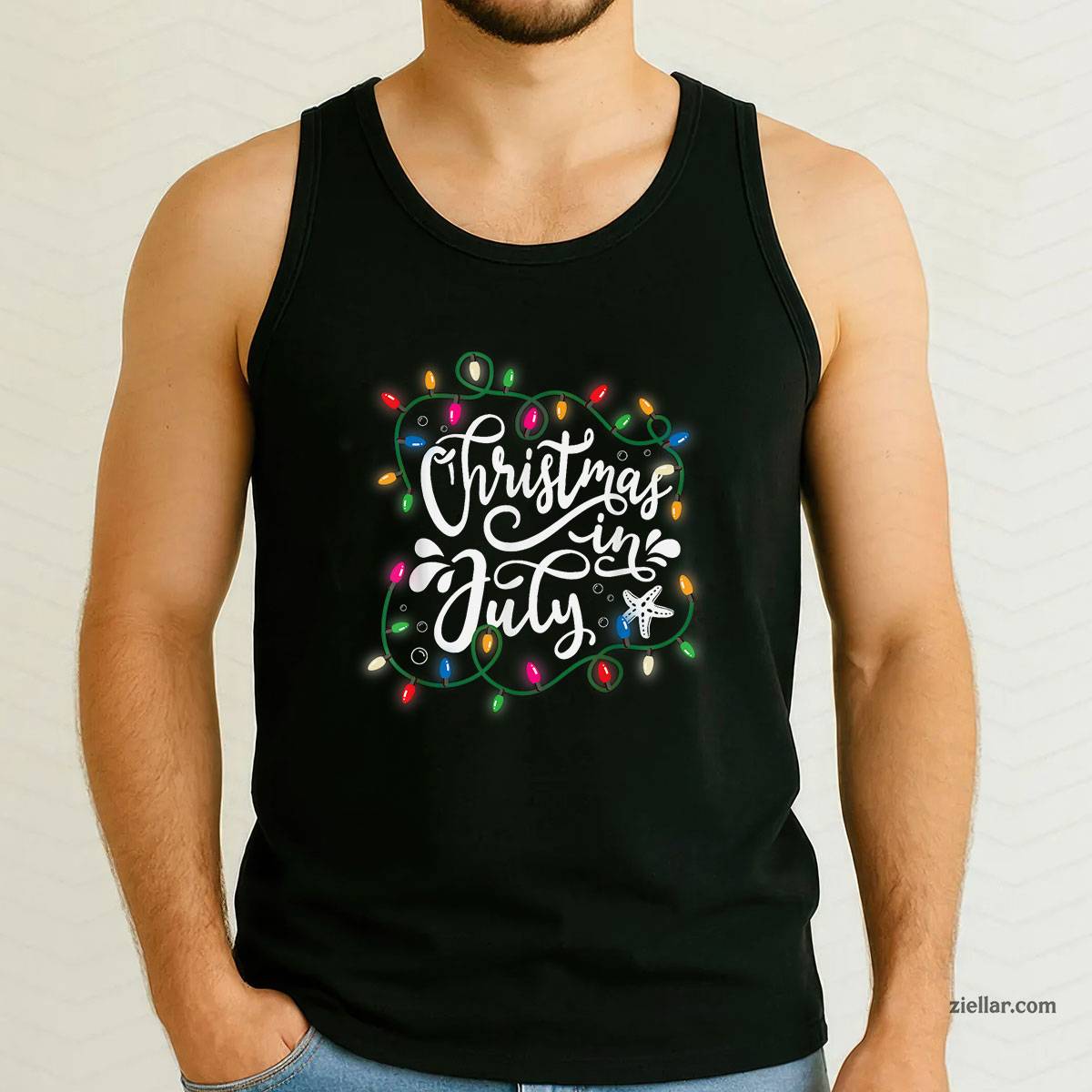 Christmas In July Lights Funny Summer Xmas Men Women Tank Top Shirt Funny Christmas in July Tee and Tank Top Shirt for Men Women Adults