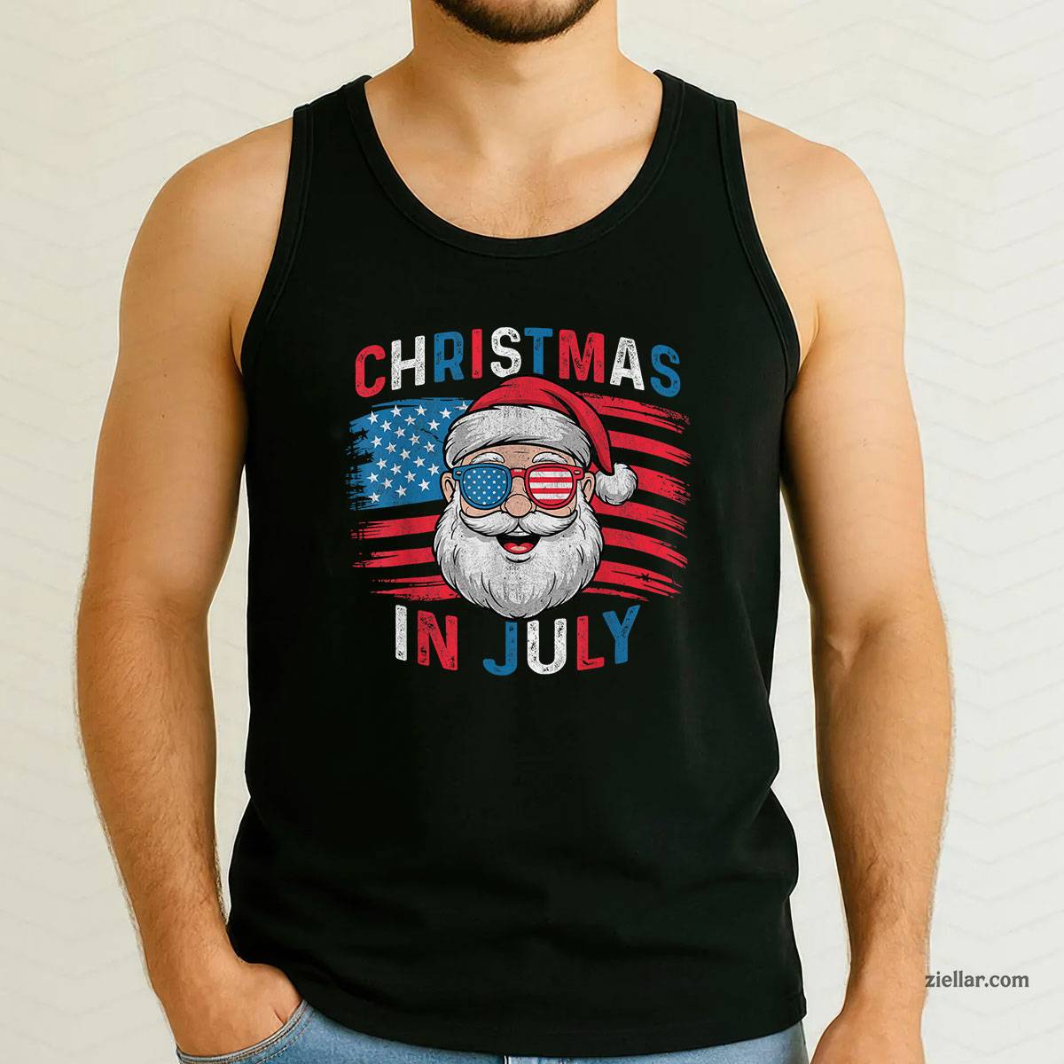 Fourth of July Christmas Us Flag Sunglasses Santa Xmas 2025 Tank Top Shirt Funny Christmas in July Tee and Tank Top Shirt for Men Women Adults