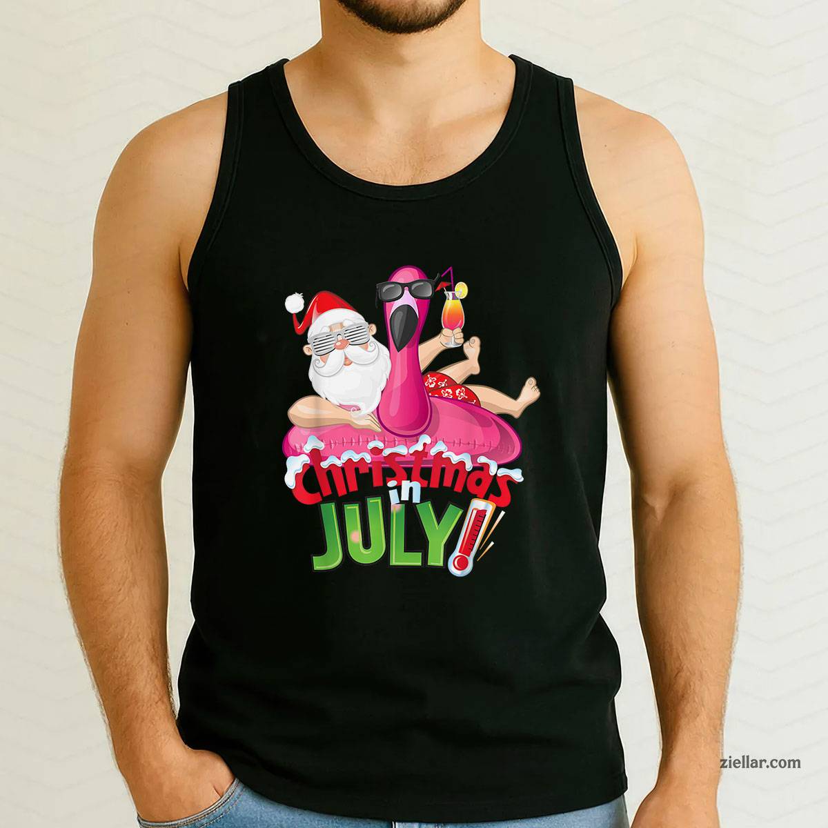 Funny Christmas in July Shirt Summer Flamingo Float Xmas Tank Top Shirt Funny Christmas in July Tee and Tank Top Shirt for Men Women Adults
