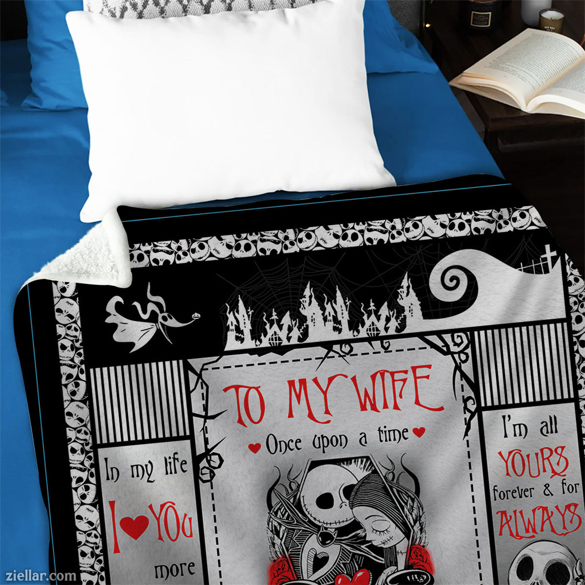 To My Wife Quilt Blanket, Fleece Blanket Gift with Skulls, Roses and Gothic Love Message