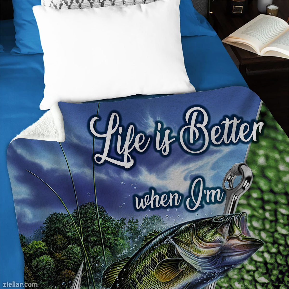 Fishing Life Quilt Blanket, Fleece Blanket with Bass Fish and Nature Scene for Outdoorsmen