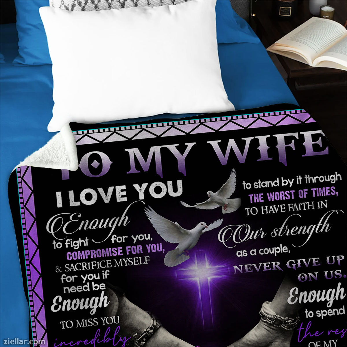 To My Wife Quilt Blanket, Fleece Blanket Gift with Purple Heart and Romantic Vow