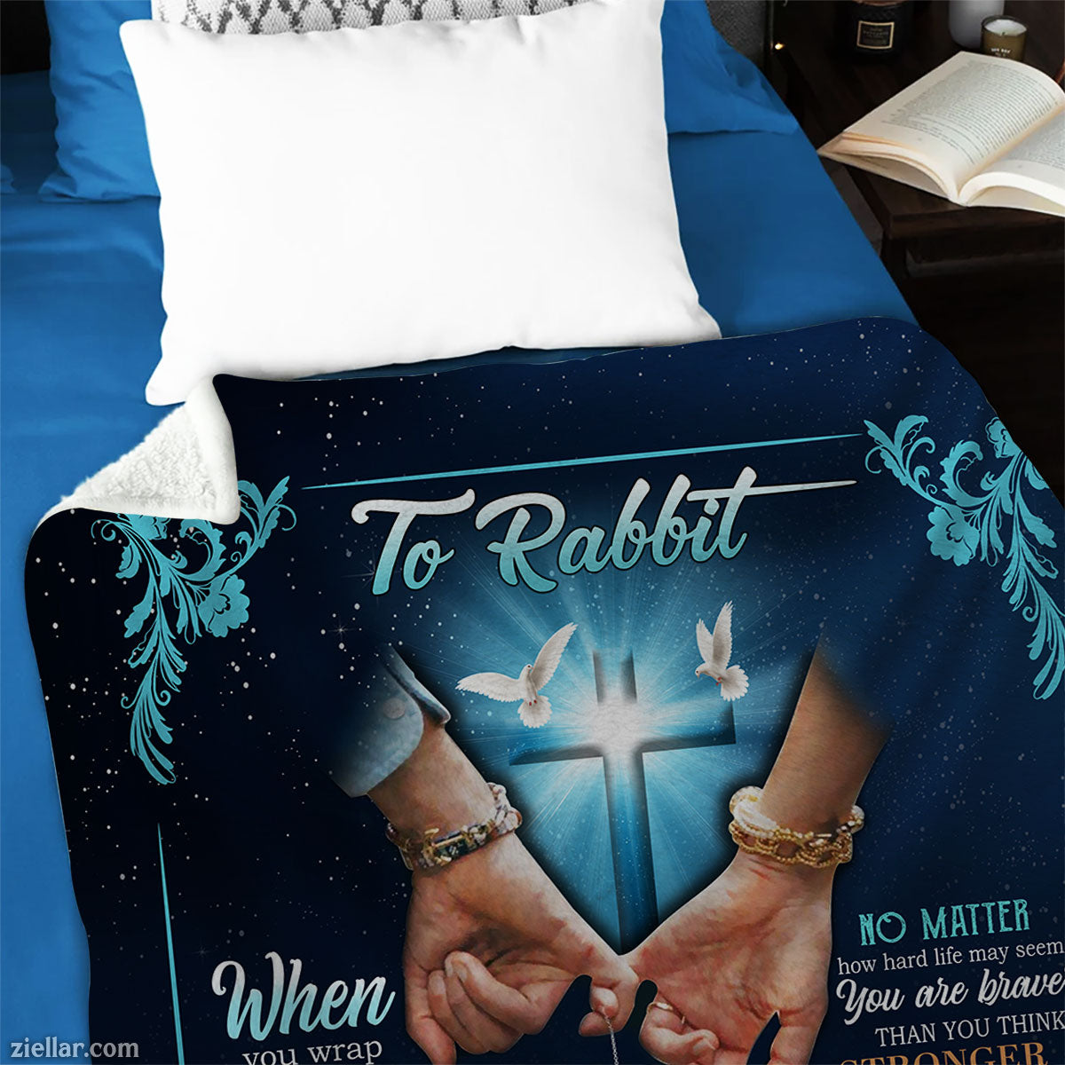 To Rabbit Quilt Blanket, Fleece Blanket with Holding Hands and Blue Floral Border