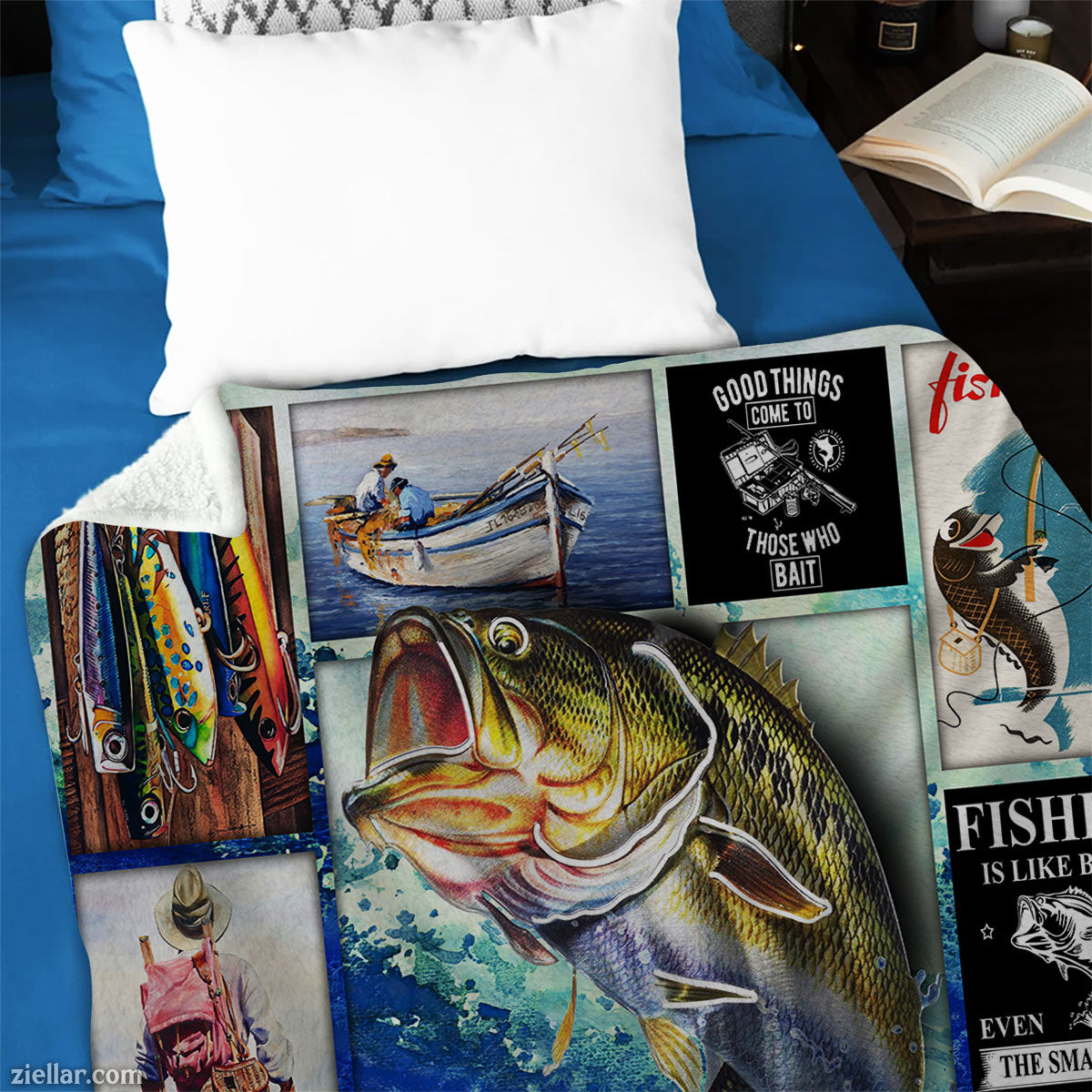 Fishing Lover Quilt Blanket, Fleece Blanket Gift for Fishermen with Fish and Lure Images, Custome Name