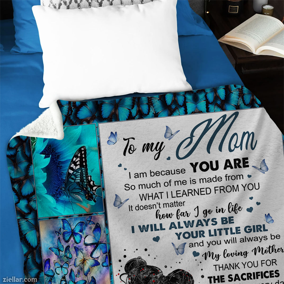 To My Mom Quilt Blanket, Fleece Blanket Gift with Blue Butterfly and Stars, Personalized Name Option