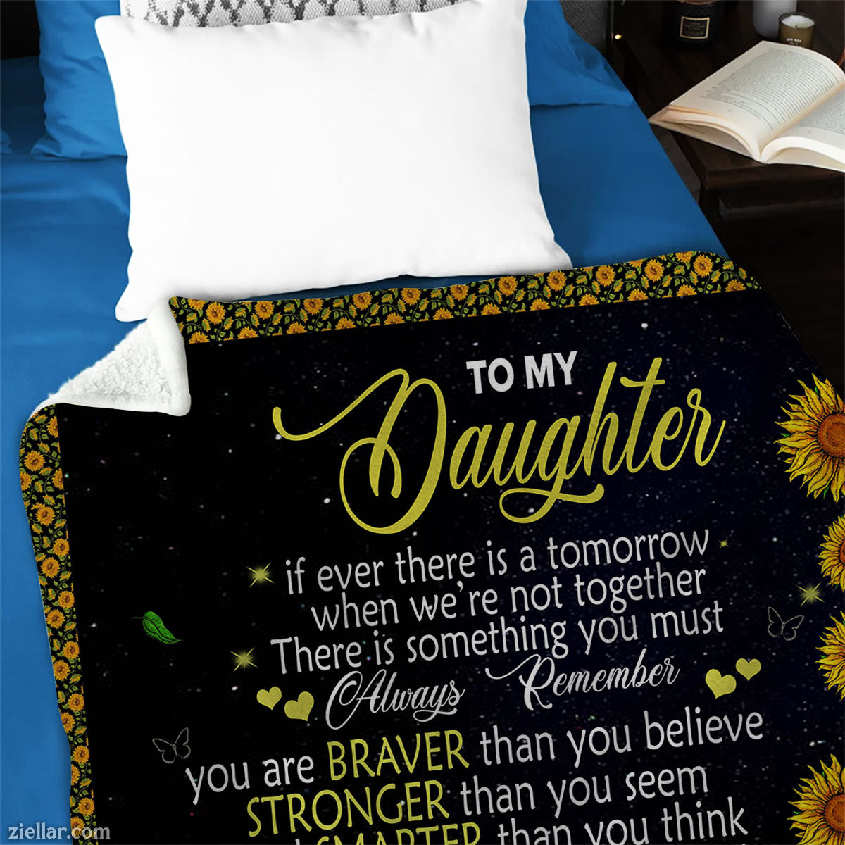 To My Daughter Quilt Blanket, Fleece Blanket Gift with Sunflower Border and Quotes, Custom Name Option