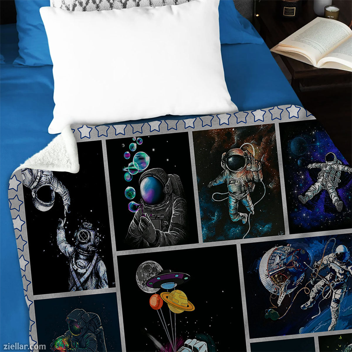 Galaxy Fantasy Space Quilt Blanket, Fleece Blanket Gift with Astronaut and Planets, Custome Name