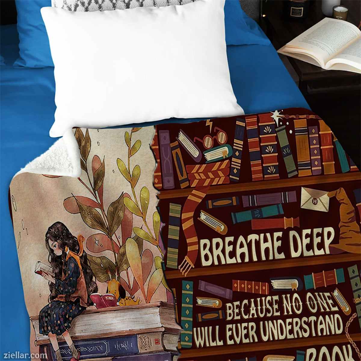 Book Lover’s Breathe Deep Quilt Blanket, Fleece Blanket Gift for Readers and Library Fans