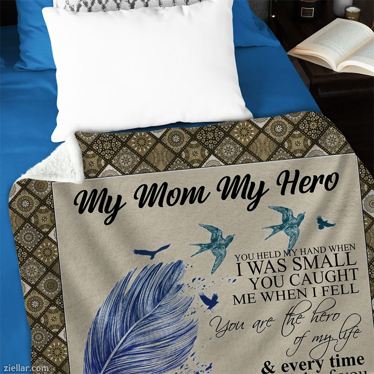 My Mom My Hero Quilt Blanket, Fleece Blanket Gift with Feathers and Heartfelt Poem, Personalized