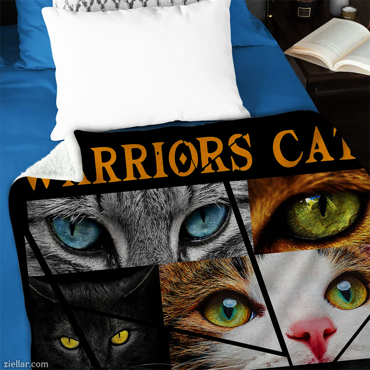 Warrior Cats Quilt Blanket, Fleece Blanket with Multi-Colored Eyes, Fierce Cat Faces, Fantasy Art