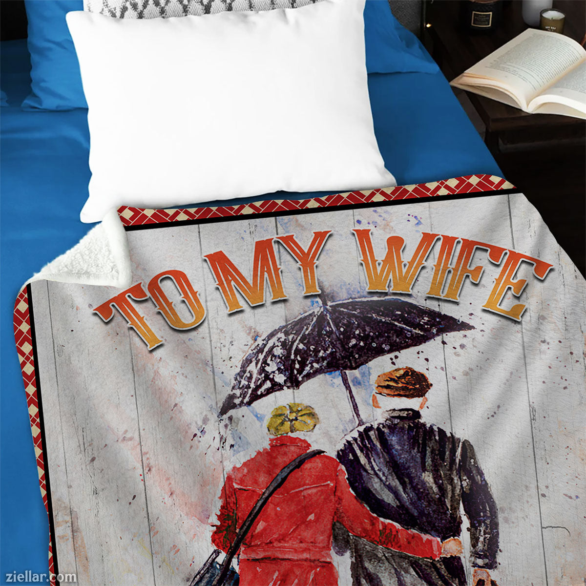 To My Wife Quilt Blanket, Fleece Blanket Gift with Victorian Couple and Umbrella Scene, Personalized