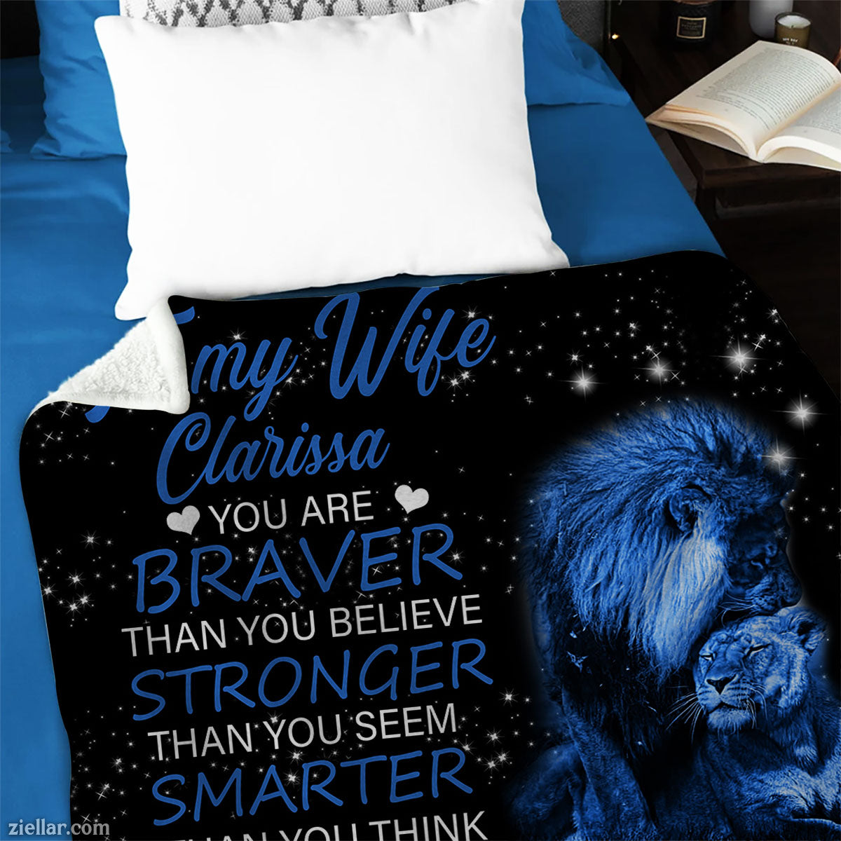 To My Wife Quilt Blanket, Fleece Blanket Gift with Blue Lion and Starry Sky, Personalized with Custome Name