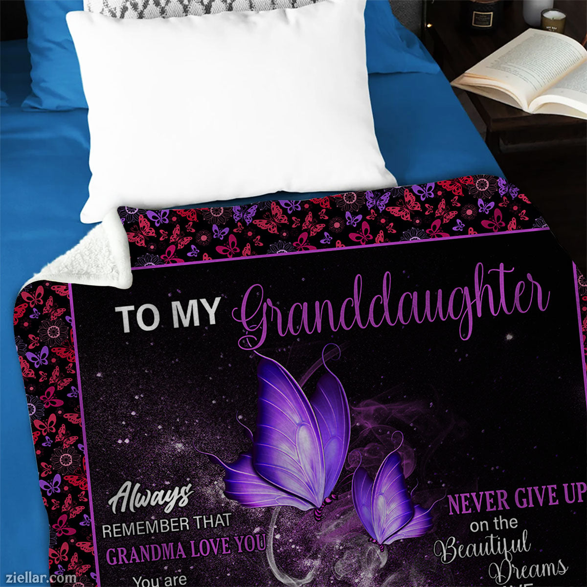 To My Granddaughter Quilt Blanket, Fleece Blanket Purple Butterfly Theme, Custome Name Gift