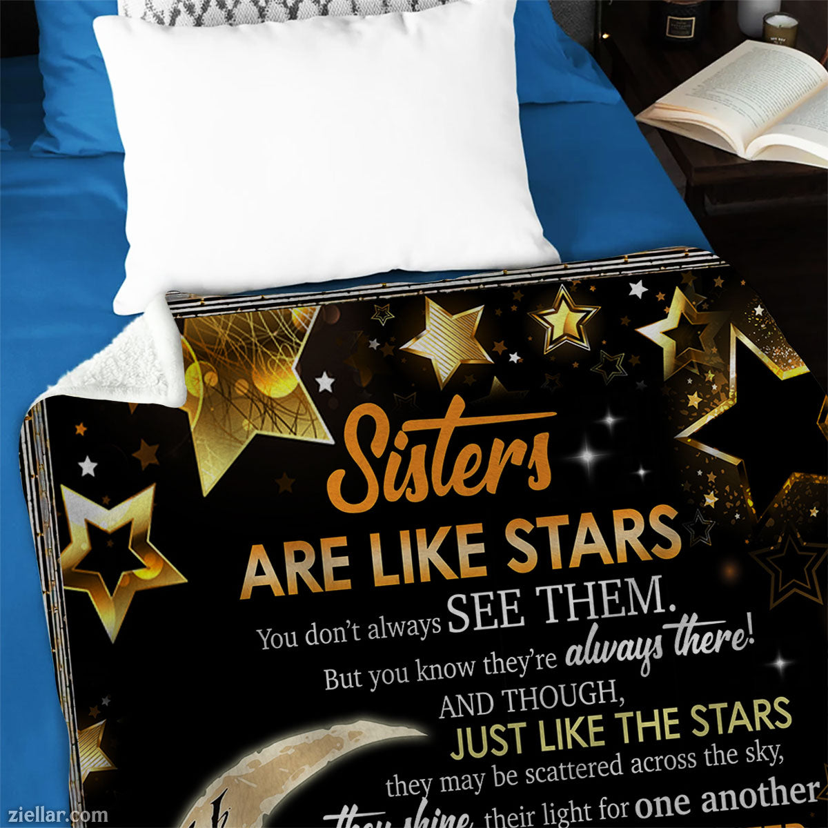 Sisters Are Like Stars Quilt Blanket, Fleece Blanket Galaxy Theme with Moon Gift, Personalized