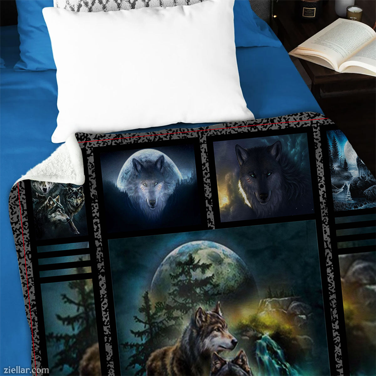 Wolf and Nature Quilt Blanket, Fleece Blanket Moonlight Forest Theme for Animal Lovers