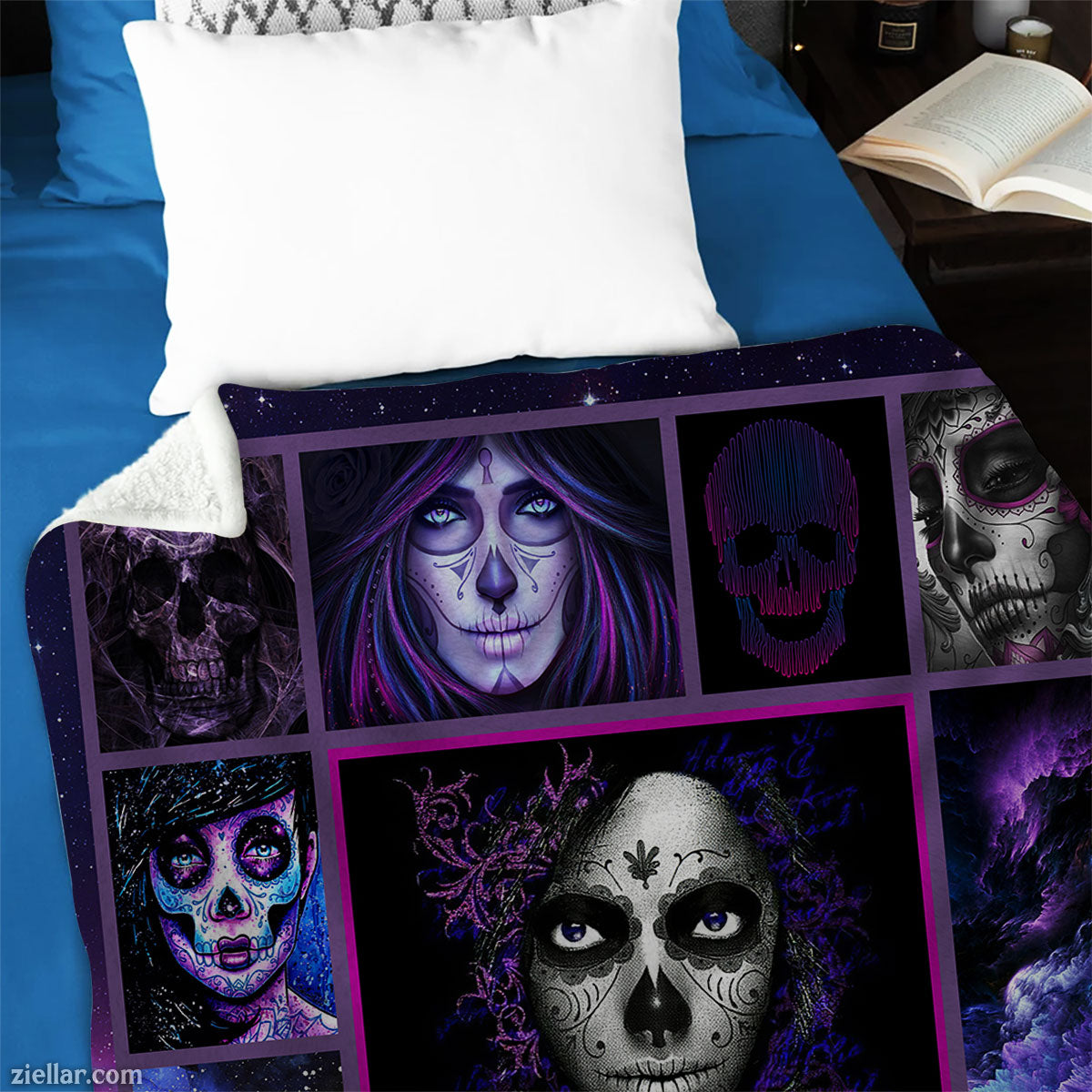 Purple Skull Galaxy Quilt Blanket, Fleece Blanket for Gothic Lovers with Cosmic Skulls Design