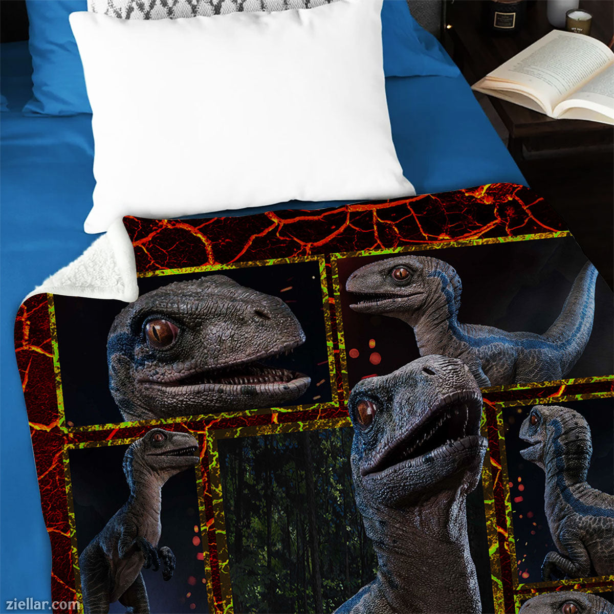 Velociraptor Quilt Blanket, Fleece Blanket Dinosaur Reptile Gift for Boys and Dino Lovers