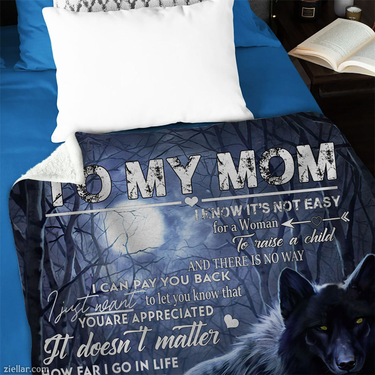 To My Mom Quilt Blanket, Fleece Blanket Wolf and Pup Winter Forest Design, Custome Name Option