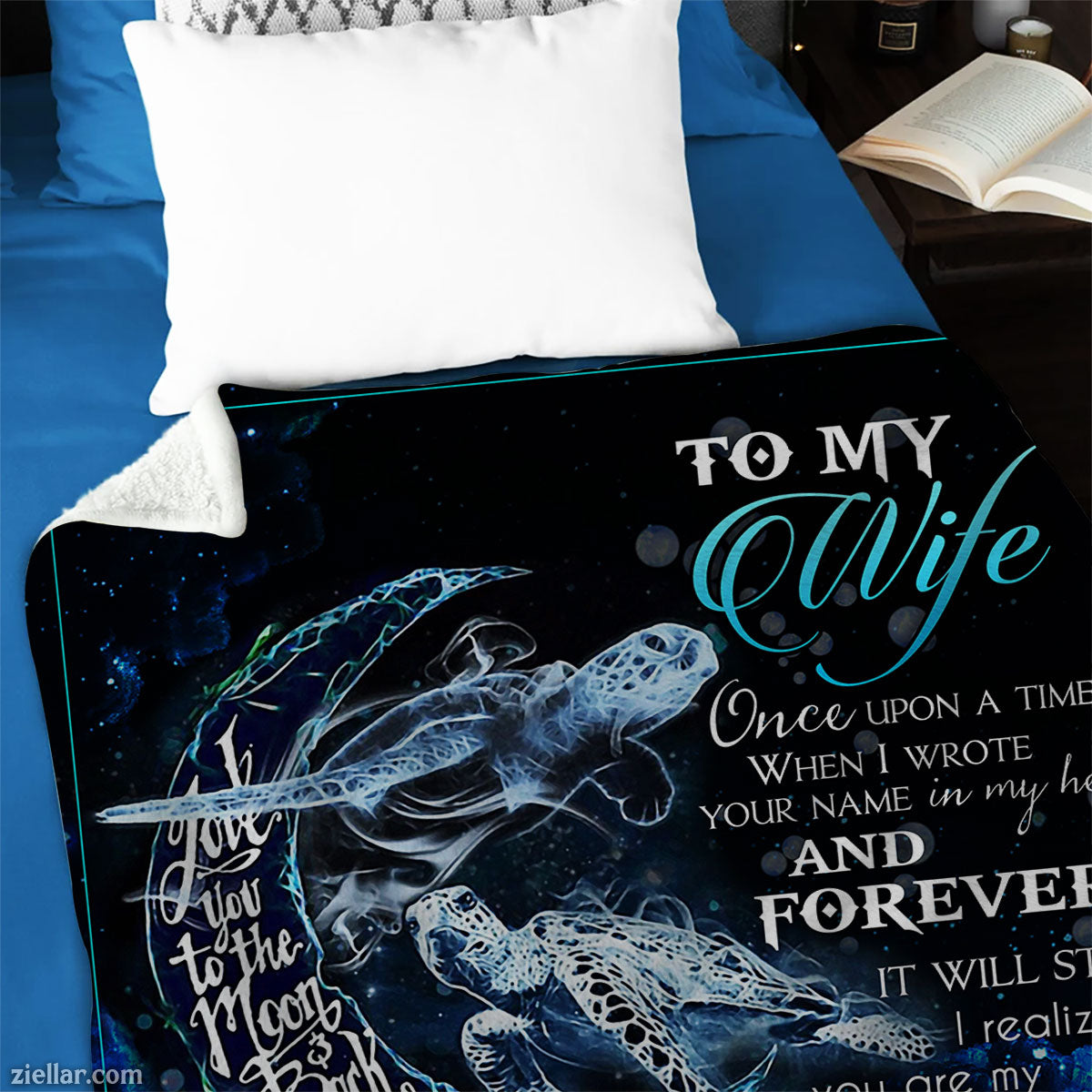 To My Wife Quilt Blanket, Fleece Blanket Moon and Ocean Art Romantic Gift, Custome Name