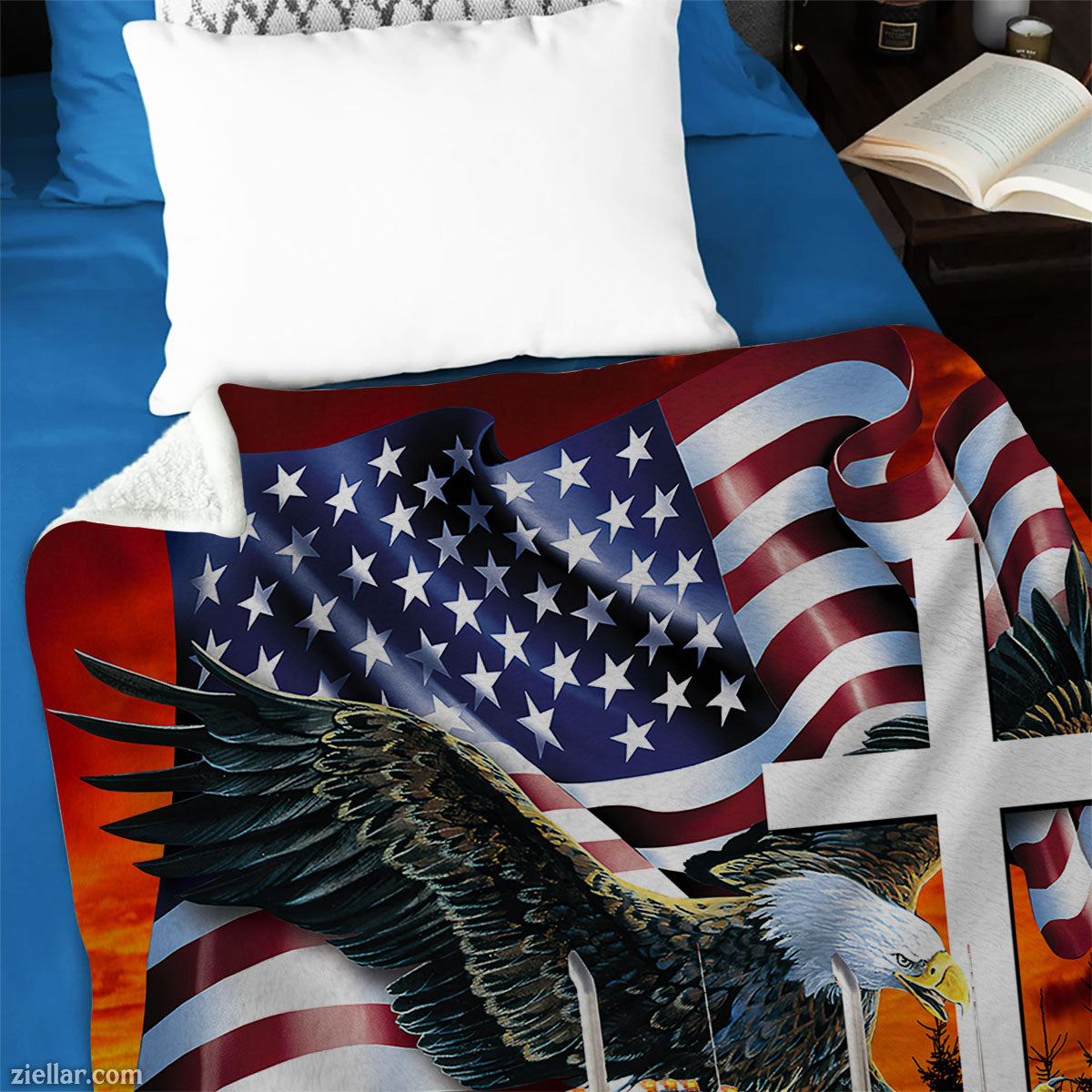 Truck and Eagle Quilt Blanket, Fleece Blanket American Flag and Cross Patriotic Gift Design