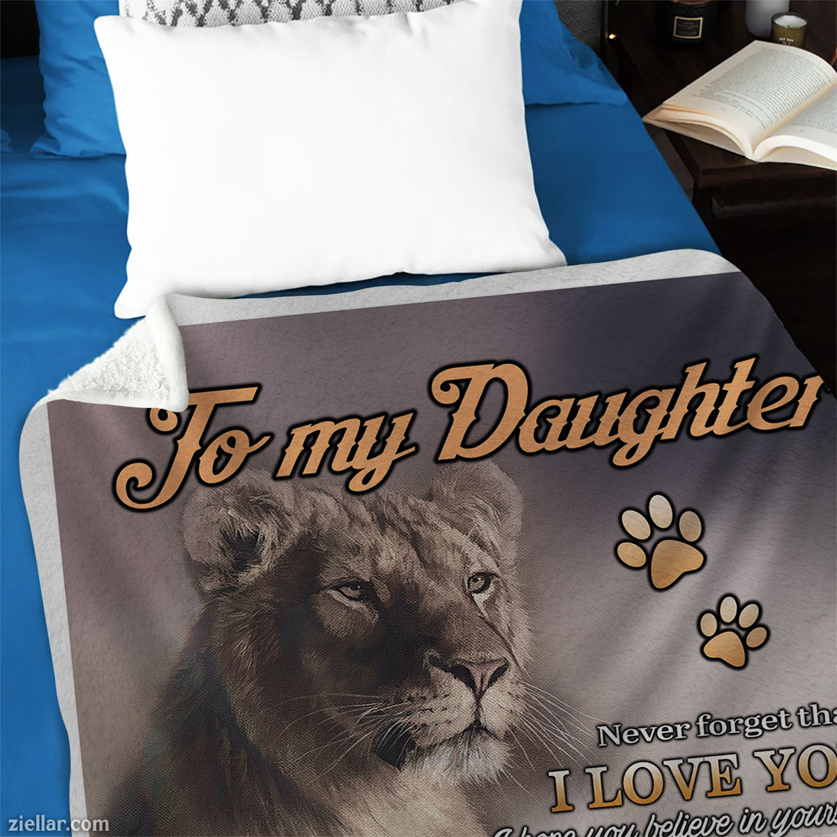 To My Daughter Quilt Blanket, Fleece Blanket Lion and Paw Print Art, Custome Name