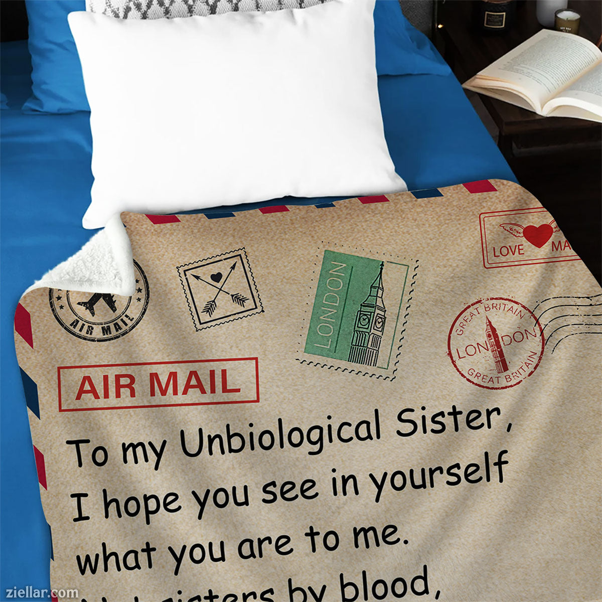 To My Unbiological Sister Quilt Blanket, Fleece Blanket Airmail Theme Gift, Personalized