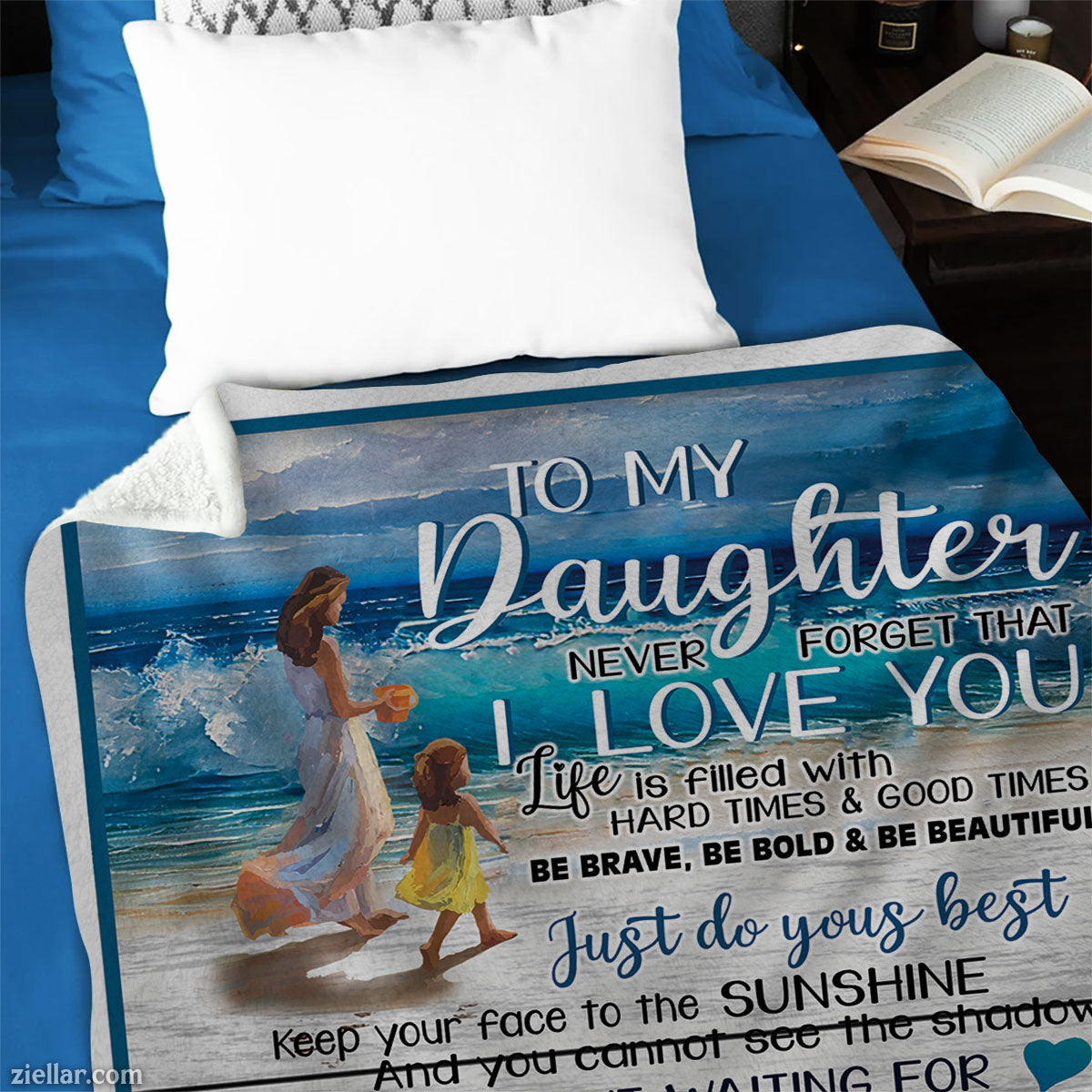 To My Daughter Quilt Blanket, Fleece Blanket with Beach Scene and Sentimental Note