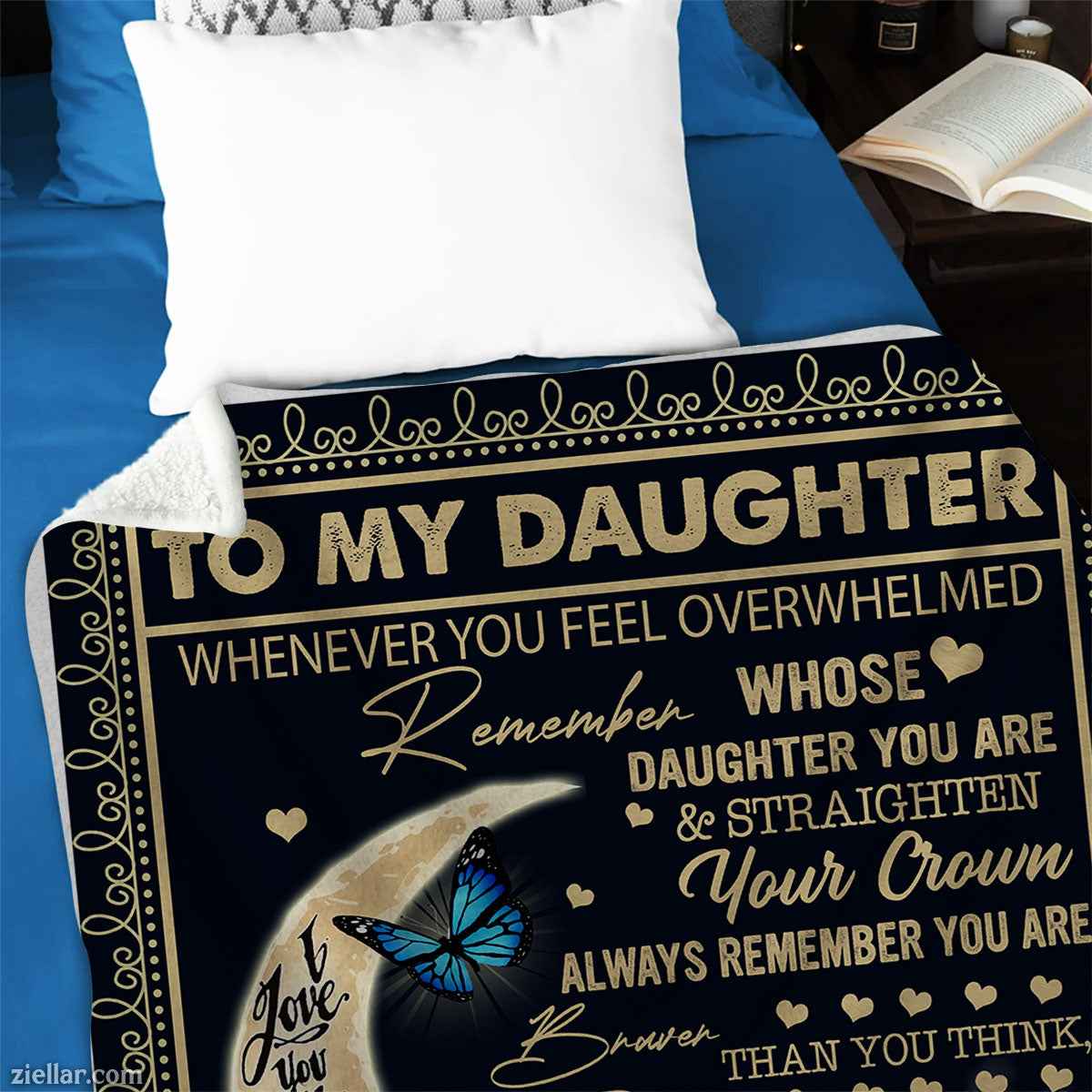 To My Daughter Quilt Blanket, Fleece Blanket Gift with Moon and Butterfly Message