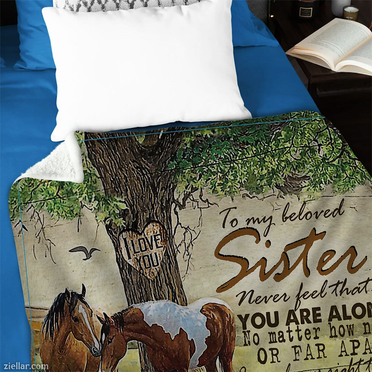 To My Sister Quilt Blanket, Fleece Blanket Gift with Horse and Nature-Themed Message