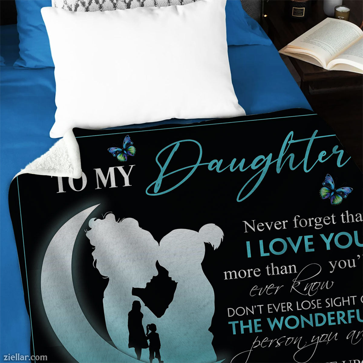 To My Daughter Quilt Blanket, Fleece Blanket Gift with Moon Silhouette and Sweet Quote