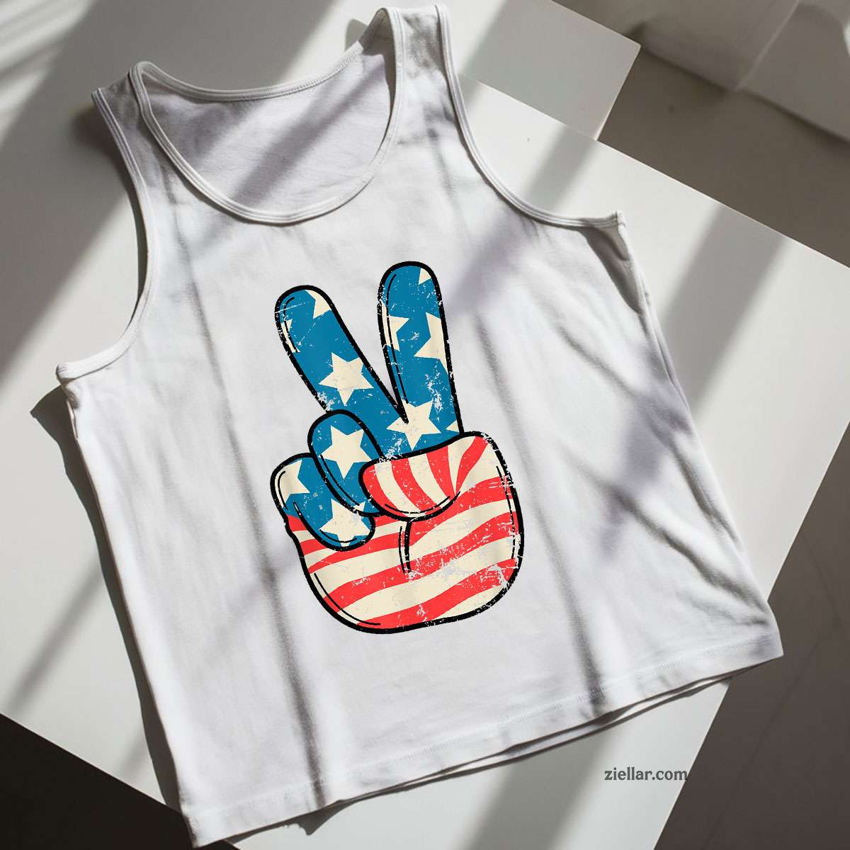 USA Flag Peace Sign Hand 4th of July Patriotic Men Tank Top Shirt Tee
