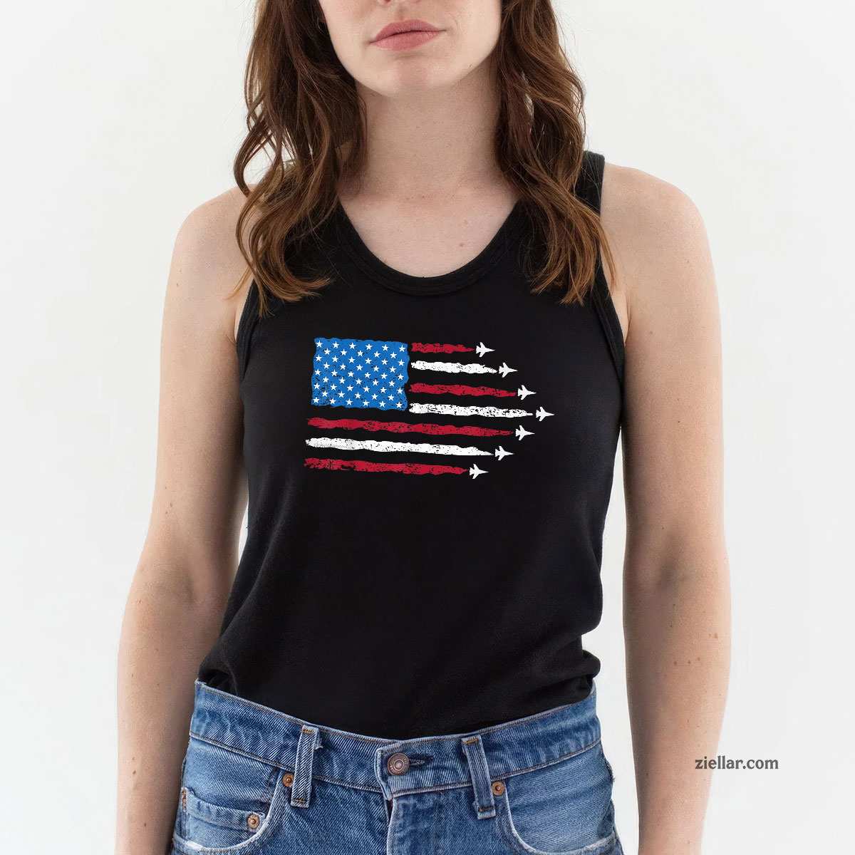 Patriotic Red White Blue USA Flag Fighter Jets 4th of July Tank Top Shirt Tee for Men Women Unisex Limited Edition