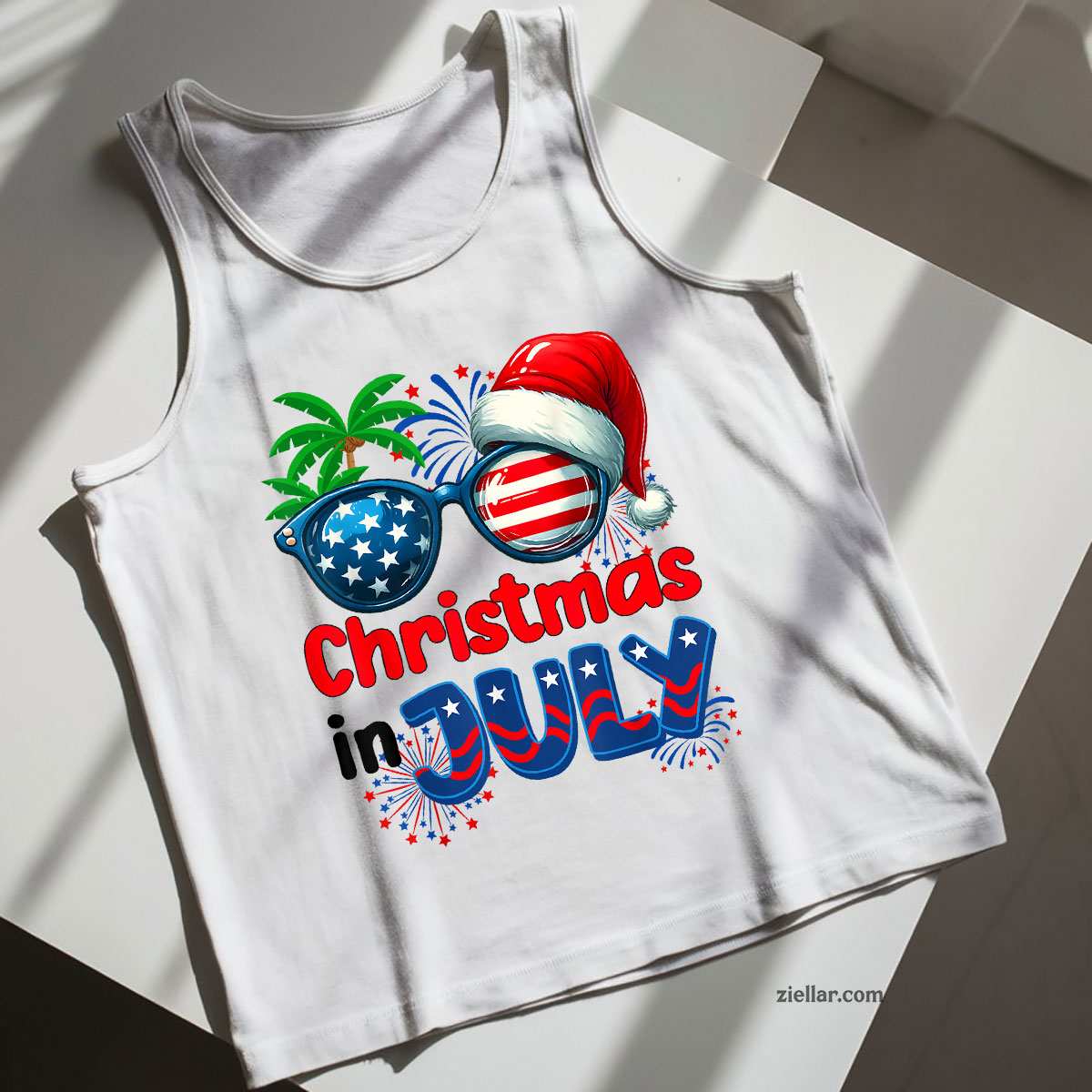 Christmas In July Summer Beach Hawaii Santa USA Flag Mens Tank Top Shirt Funny Christmas in July Tee and Tank Top Shirt for Men Women Adults