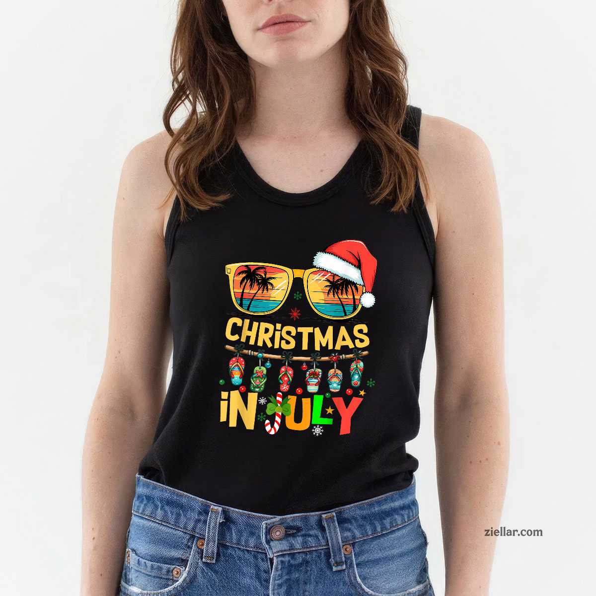 Santa Claus Sunglasses Beach Christmas In July Men Women Tank Top Shirt Funny Christmas in July Tee and Tank Top Shirt for Men Women Adults Perfect Gift
