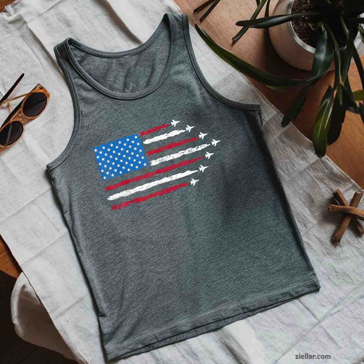 Patriotic Red White Blue USA Flag Fighter Jets 4th of July Tank Top Shirt Tee for Men Women Unisex Limited Edition