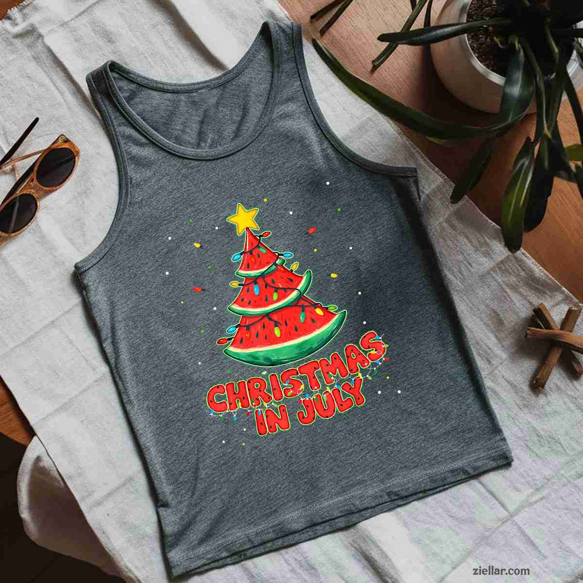 Christmas In July Watermelon Tree Beach Summer Hawaii Tees Tank Top Shirt Funny Christmas in July Tee and Tank Top Shirt for Men Women Adults