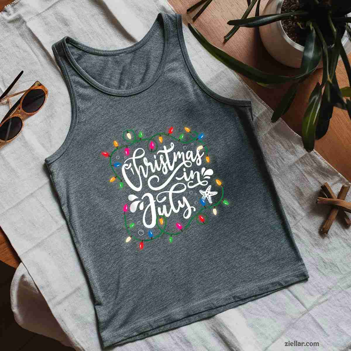Christmas In July Lights Funny Summer Xmas Men Women Tank Top Shirt Funny Christmas in July Tee and Tank Top Shirt for Men Women Adults