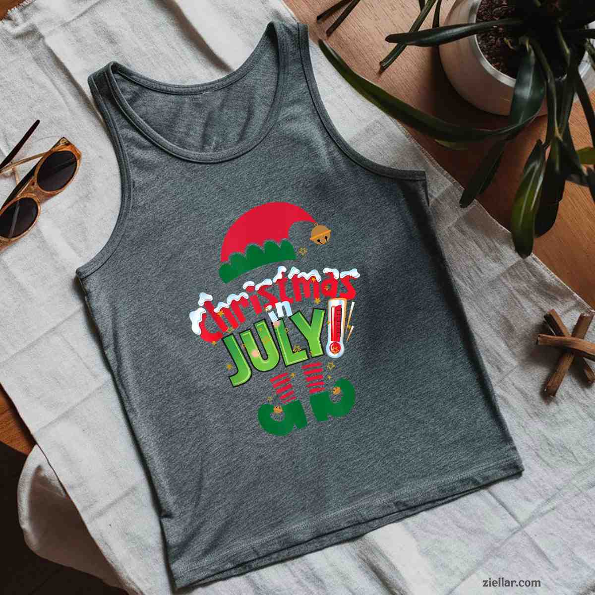 Funny Christmas in July Shirt Summer Elf Santa Xmas Tank Top Shirt Funny Christmas in July Tee and Tank Top Shirt for Men Women Adults