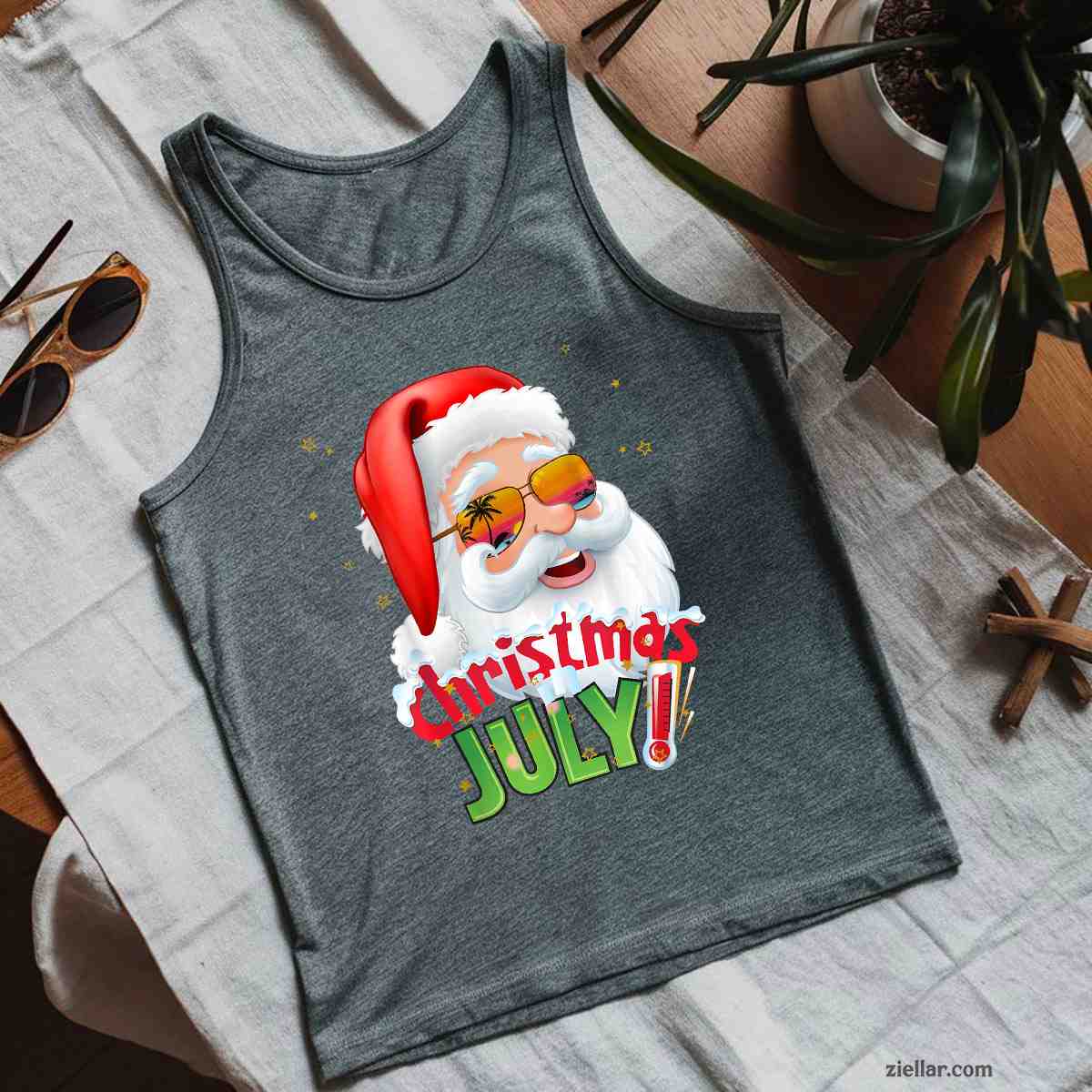 Funny Christmas in July Shirt Summer Santa Sunglasses Xmas Tank Top Shirt Funny Christmas in July Tee and Tank Top Shirt for Men Women Adults Perfect Gift