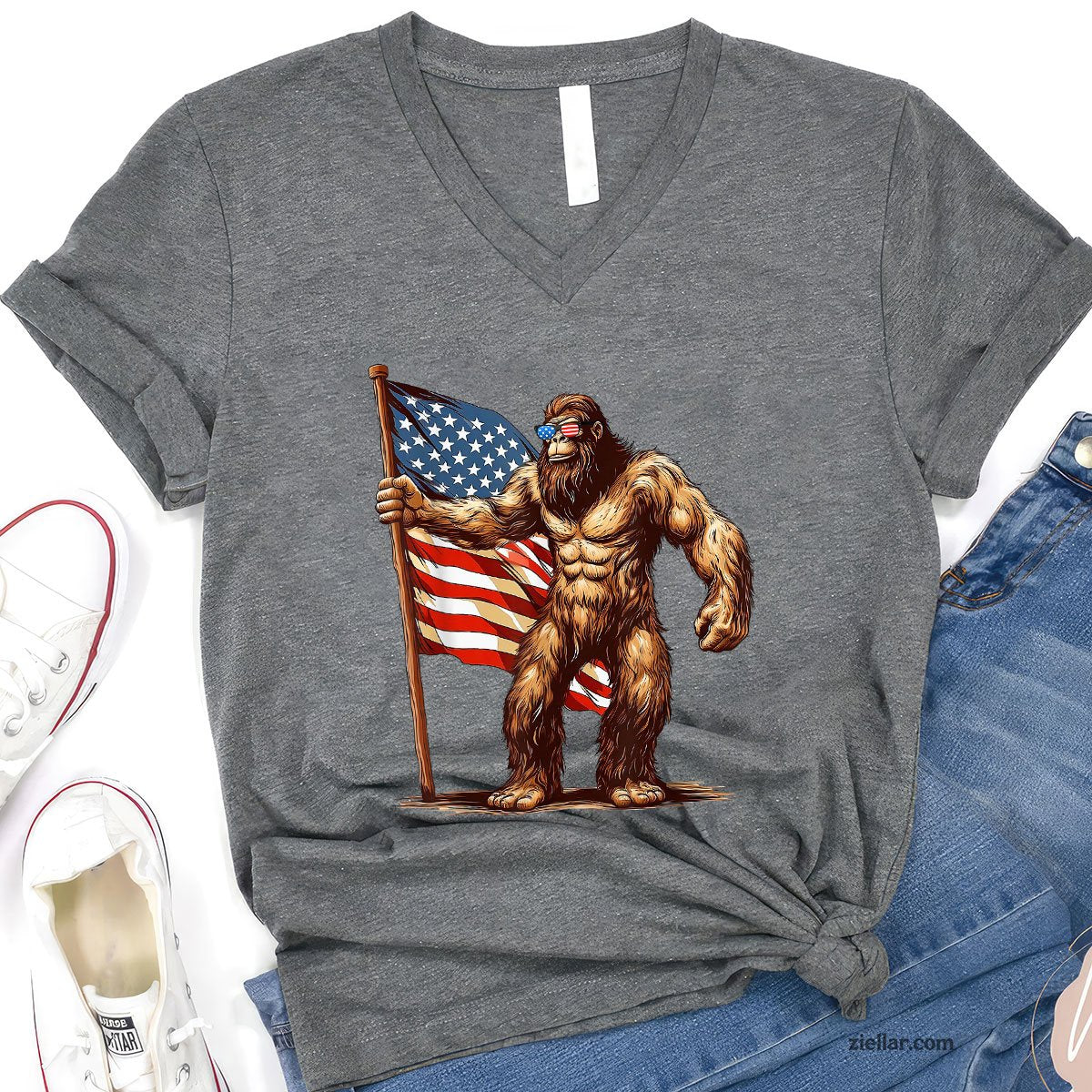 American Flag Bigfoot Sunglasses Patriotic 4th of July USA V-Neck Shirt