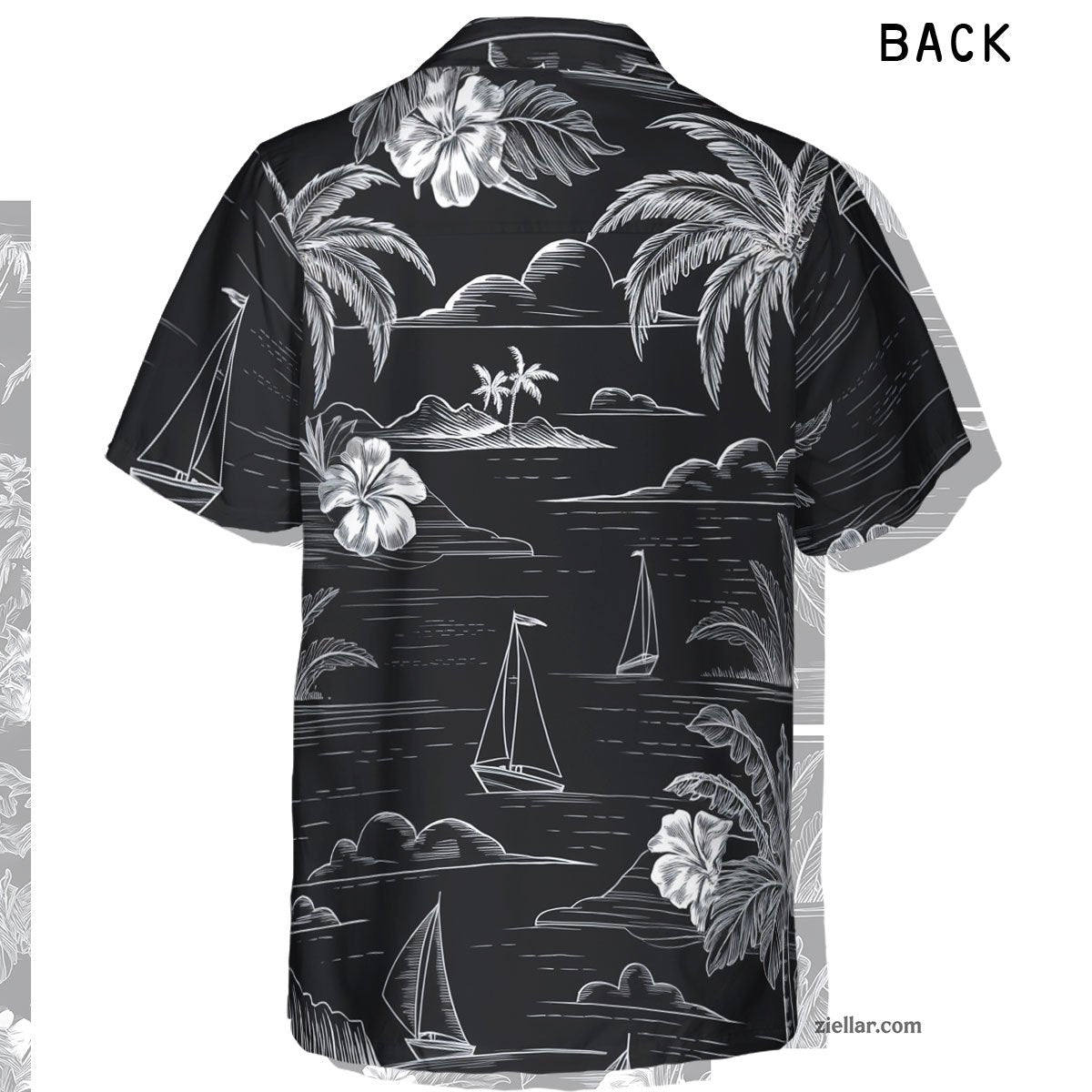 Black and White Tropical Sailboat and Palm Tree Seamless Pattern Hawaiian Shirt – Classic Aloha Look for All Genders