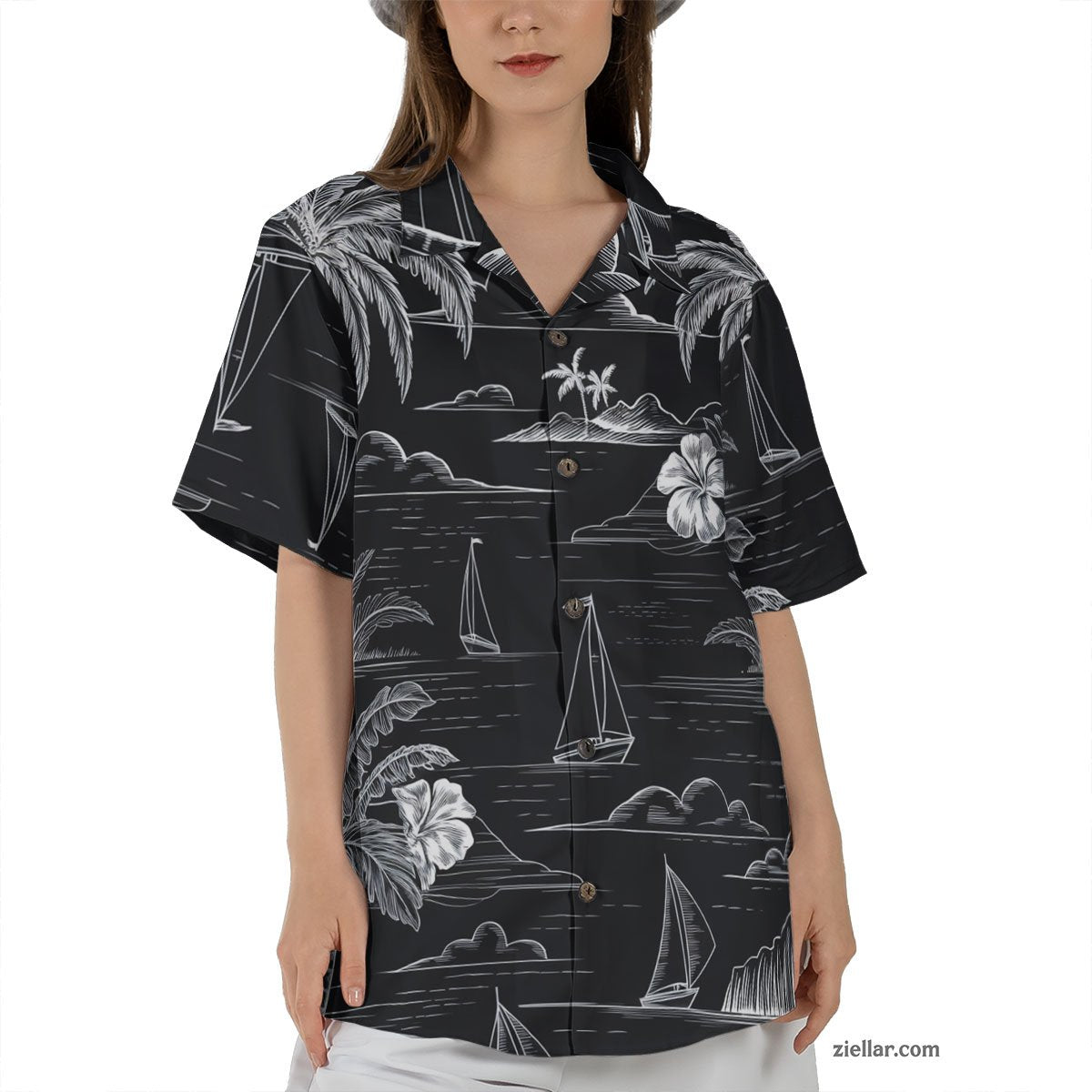 Black and White Tropical Sailboat and Palm Tree Seamless Pattern Hawaiian Shirt – Classic Aloha Look for All Genders