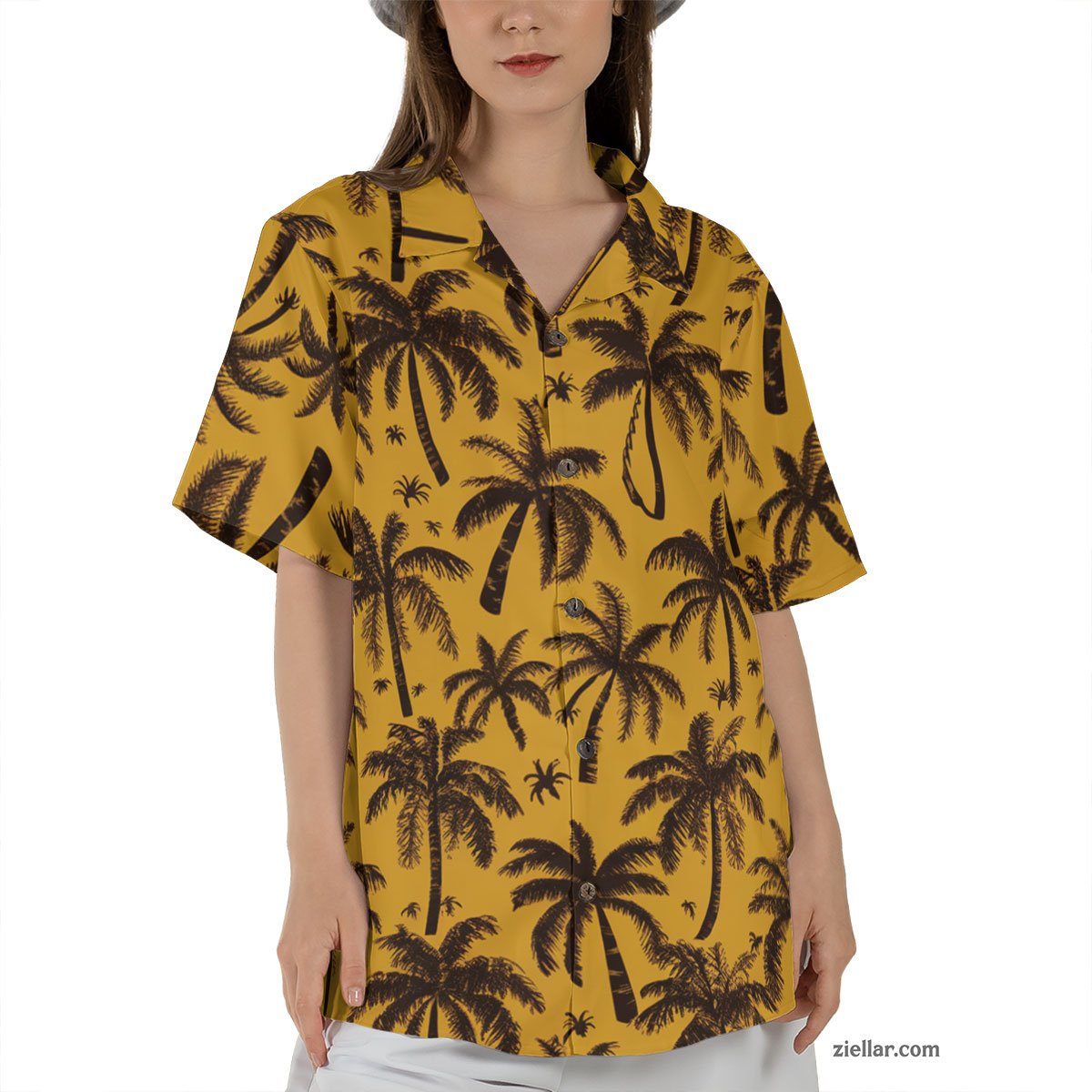 Bold Black Palm Tree Hawaiian Shirt and Tee, Yellow Summer Outfit Unisex