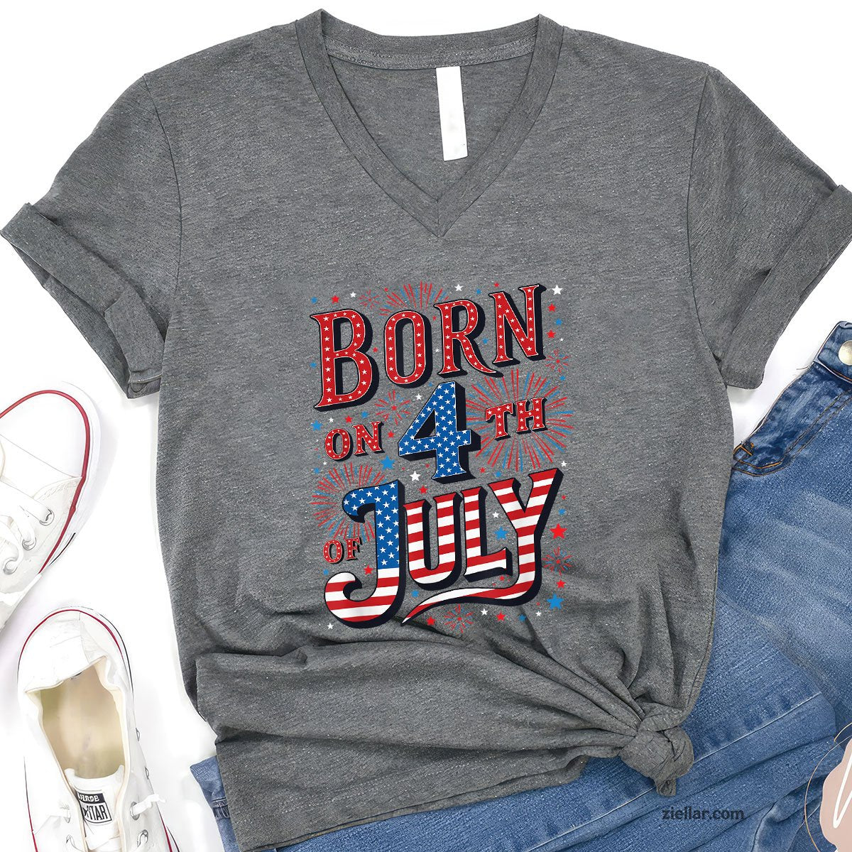 Born On The 4th of July Birthday Patriotic V-Neck Shirt, USA Independence Day Gift