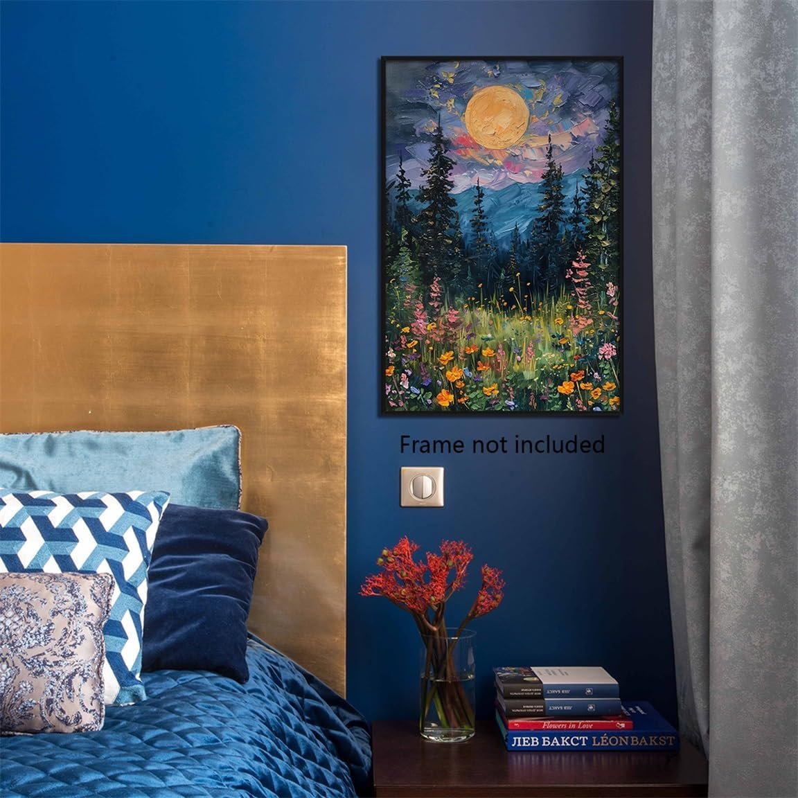 Full Moon Poster and Canvas, Midnight Wildflower Forest Landscape Wall Art, Nature-Inspired Dark Floral Canvas Print Home Decor