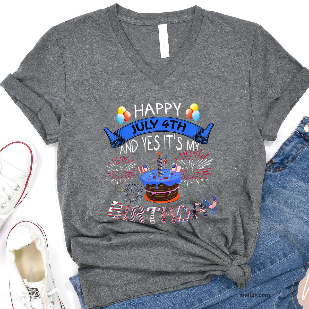 Happy July 4th And Yes It's My Birthday Independence Day Tee V-Neck Shirt